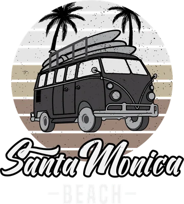 Hình vẽ xe bus cổ màu xám chở ván lướt sóng, có cây dừa và mặt trời lặn, chữ Santa Monica Beach.