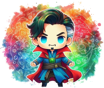 Hình ảnh chibi Doctor Strange với áo choàng đỏ, mắt xanh sáng, đứng trước vòng tròn phép thuật màu nước rực rỡ.