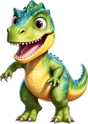 Hình ảnh khủng long T-Rex con hoạt hình 3D màu xanh lá và vàng, miệng há to cười vui vẻ, mắt to tròn đáng yêu.