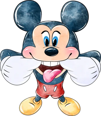 Hình ảnh Mickey Mouse hoạt hình với hiệu ứng màu nước, đang lè lưỡi và kéo má, thể hiện sự tinh nghịch và vui vẻ.