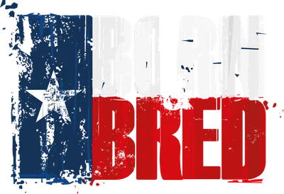 Hình ảnh cờ Texas với dòng chữ "Born & Bred" phong cách grunge, màu sắc đỏ, trắng, xanh dương.