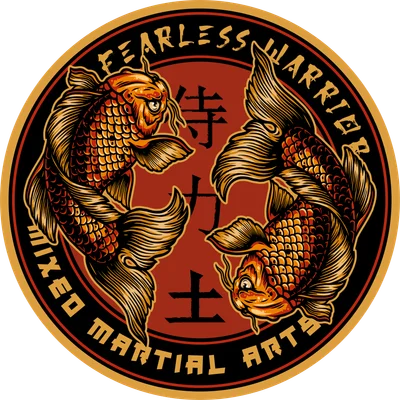 Hình minh họa hai con cá chép Koi đối xứng phong cách võ thuật với chữ Fearless Warrior