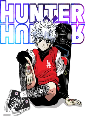 Nhân vật anime Killua Zoldyck ngồi vắt chân, mặc áo đỏ có chữ LA, xăm mình, mang giày Converse, có ván trượt phía sau.
