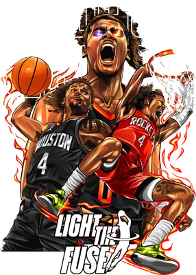 Hình ảnh minh họa 3 cầu thủ bóng rổ Houston Rockets trong các tư thế thi đấu, với hiệu ứng lửa và dòng chữ 'LIGHT THE FUSE'
