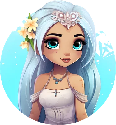 Hình ảnh cô gái hoạt hình chibi tóc xanh, mắt to, đội vương miện và cài hoa, mặc váy trắng, nền xanh dương.