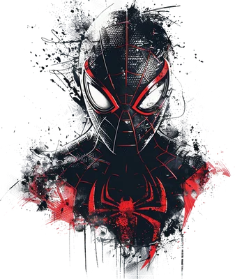 Hình ảnh bán thân Miles Morales Spider-Man với bộ đồ đen đỏ, hiệu ứng vẩy sơn và mạng nhện grunge trên nền xám.