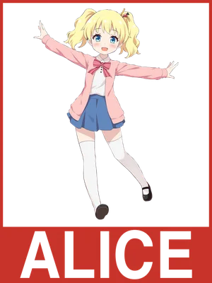 Hình ảnh cô bé Alice tóc vàng buộc hai bím, mặc áo khoác hồng, váy xanh, tất trắng, phong cách anime