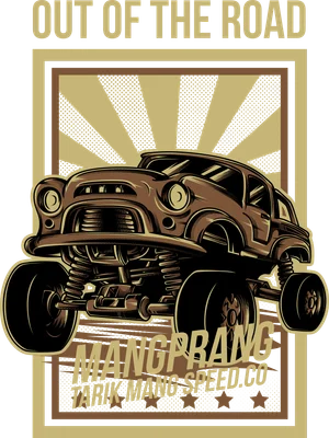 Hình minh họa xe bán tải off-road phong cách retro với dòng chữ Out of the road