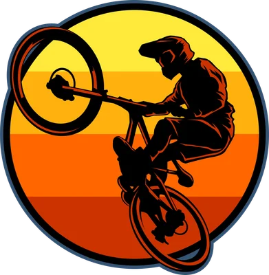 Hình ảnh silhouette một vận động viên xe đạp địa hình đang biểu diễn kỹ thuật wheelie trên nền hoàng hôn sọc cam vàng.
