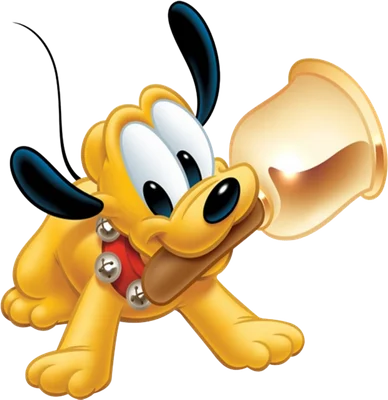 Hình ảnh chú chó Pluto của Disney màu vàng ngộ nghĩnh đang ngậm chiếc chuông vàng trong miệng.