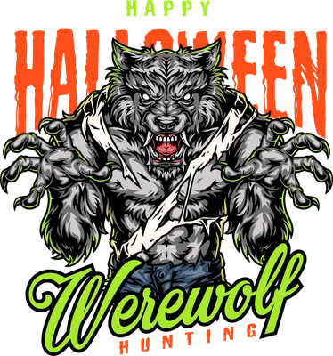 Hình minh họa người sói hung dữ với chữ Happy Halloween cho thiết kế áo thun