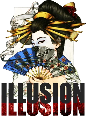 Hình ảnh minh họa Geisha Nhật Bản với khuôn mặt được che bởi đầu lâu, cầm quạt giấy truyền thống.