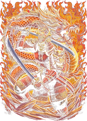 Hình ảnh chiến binh Samurai mặc giáp đỏ vàng, cầm hai kiếm, đối đầu với rồng phương Đông trong biển lửa.