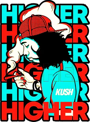Hình vẽ chàng trai đội mũ lưỡi trai đỏ, đang hút thuốc lá, với chữ 'HIGHER' lặp lại nhiều lần.