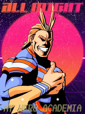 Hình All Might từ My Hero Academia, phong cách retro với nền lưới và mặt trời hồng.
