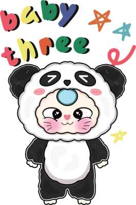Hình vẽ hoạt hình một em bé dễ thương mặc bộ đồ gấu trúc đen trắng, có chữ 'baby three' nhiều màu và các ngôi sao nhỏ.