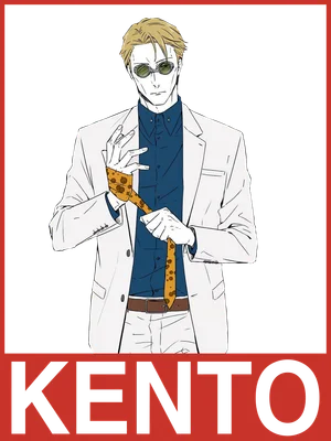 Hình vẽ Kento Nanami, nhân vật anime, mặc vest trắng, chỉnh cà vạt họa tiết