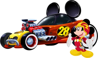 Mickey Mouse trong trang phục đua màu đỏ vàng đứng cạnh chiếc xe đua hot rod màu cam với số 28, trên nền xám.