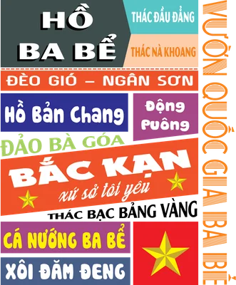 Thiết kế typography với các địa danh và món ăn đặc trưng của Bắc Kạn như Hồ Ba Bể, Đèo Gió, Cá Nướng Ba Bể.