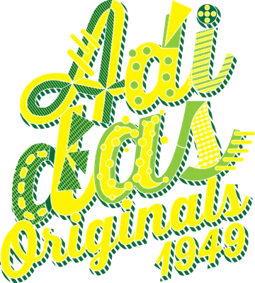 Logo Adidas Originals 1949 với chữ màu vàng và xanh lá, phong cách retro.