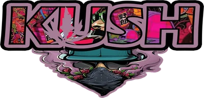 Hình in chuyển nhiệt phong cách hiphop, có chữ KUSH, hình người đội mũ, hoa hồng và khói.