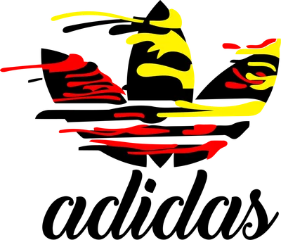 Logo Adidas ba sọc cách điệu với các mảng màu đỏ, vàng, đen trên nền xám.