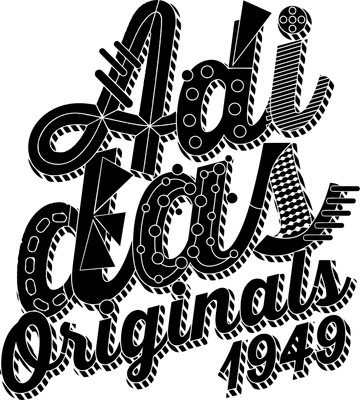 Logo Adidas Originals 1949 với font chữ retro, viền đen và các họa tiết trang trí độc đáo.