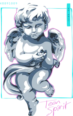Hình minh họa tượng thiên thần Cupid bé nhỏ màu xám xanh với viền hồng và chữ 'Teen Spirit' trên nền xám.