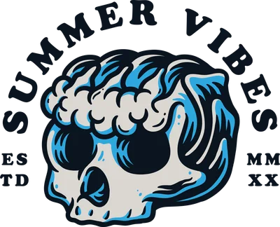 Hình in đầu lâu phong cách hoạt hình với sóng biển xanh và chữ Summer Vibes, ESTD MMXX