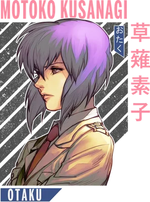 Hình vẽ anime cô gái Motoko Kusanagi với mái tóc tím, mặc áo khoác và cà vạt, phong cách cá tính.