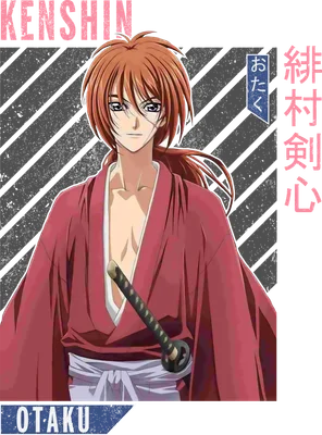 Hình ảnh Kenshin Himura, nhân vật anime với tóc nâu, mặc kimono đỏ, cầm kiếm.