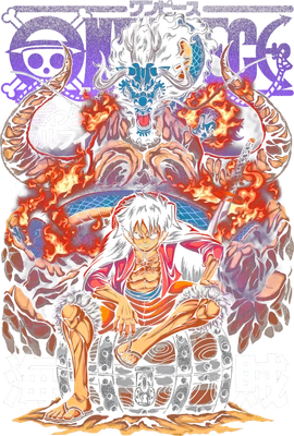Hình ảnh minh họa Luffy và Kaido trong One Piece, với lửa bao quanh và các ký tự Nhật Bản.