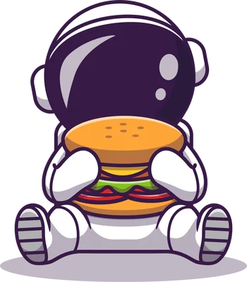 Hình vẽ phi hành gia hoạt hình màu trắng, đội mũ bảo hiểm tím, đang ngồi ôm một chiếc burger lớn.