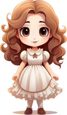 Hình ảnh cô bé chibi đáng yêu với mái tóc nâu xoăn bồng bềnh, đôi mắt to tròn và nụ cười nhẹ nhàng, mặc váy trắng tinh khôi.