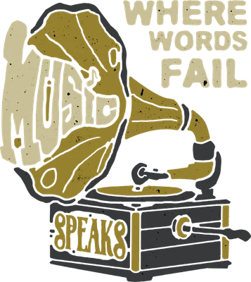 Hình minh họa máy hát đĩa cổ điển màu vàng và xám với chữ 'WHERE WORDS FAIL MUSIC SPEAKS' trên nền xám.