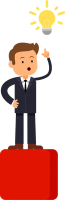 Hình ảnh minh họa một doanh nhân mặc vest đen, chỉ tay lên bóng đèn đang sáng trên nền xám.
