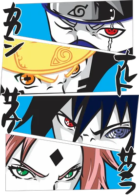 Bốn nhân vật Naruto: Kakashi, Naruto, Sasuke và Sakura, tập trung vào đôi mắt của họ.