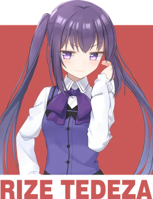 Hình ảnh anime cô gái tóc tím dài buộc hai bím, mặc áo sơ mi trắng, vest tím, biểu cảm mắt xếch tinh nghịch.