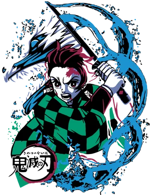 Hình ảnh nhân vật Tanjiro Kamado từ anime Demon Slayer, tay cầm kiếm, chiến đấu với hình ảnh rồng nước và các tia nước bắn tung tóe.