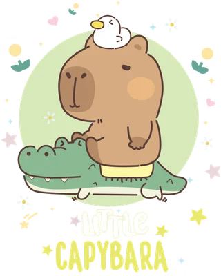 Hình vẽ hoạt hình chuột lang nước Capybara cưỡi cá sấu xanh, có vịt con trên đầu, nền xám với hoa và sao.