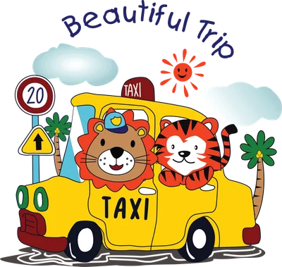 Hình vẽ hoạt hình sư tử đội mũ tài xế và hổ con ngồi trong xe taxi màu vàng, có mây, mặt trời và cây cọ.