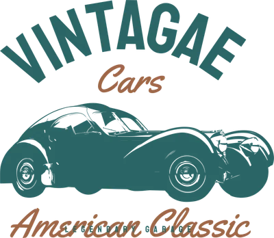 Hình minh họa xe hơi cổ điển màu xanh ngọc trên nền xám, với chữ 'VINTAGAE Cars American Classic LEGENDARY GARAGE'.