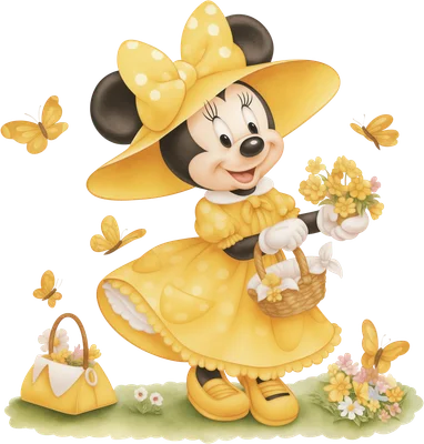 Minnie Mouse hoạt hình mặc váy vàng, đội mũ rộng vành, cầm giỏ hoa, xung quanh có bướm và hoa trên nền xám.