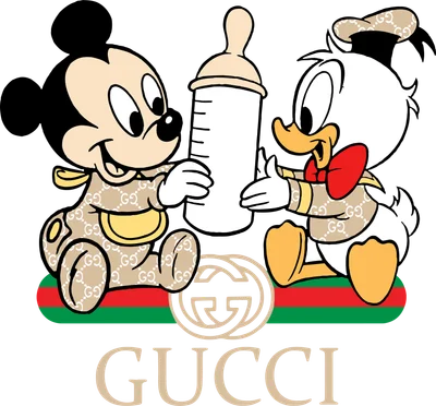 Hình ảnh hoạt hình Mickey và Donald Duck bé bỏng đang chia sẻ bình sữa, mặc trang phục in họa tiết GG.