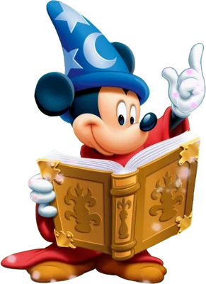 Hình ảnh chuột Mickey trong trang phục phù thủy màu đỏ và nón xanh có sao trăng, đang đọc một cuốn sách vàng và giơ ngón tay lên.