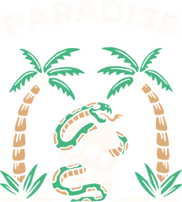 Hình minh họa hộp sọ trắng có rắn xanh quấn quanh, hai cây dừa và chữ PARADISE phong cách vintage.