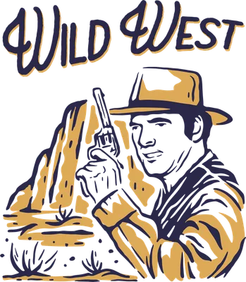 Hình minh họa cao bồi đội mũ, cầm súng lục trên nền sa mạc với chữ Wild West phong cách retro.