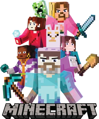 Nhóm nhân vật Minecraft với nhiều màu sắc và vũ khí, logo Minecraft ở dưới.