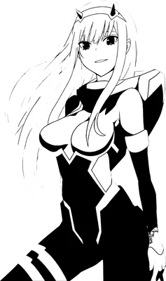 Hình vẽ nhân vật Zero Two từ anime Darling in the Franxx, tóc dài, trang phục đen trắng, có sừng.