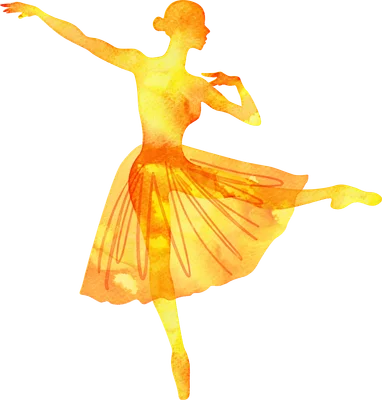 Hình ảnh silhouette nữ vũ công ballet với hiệu ứng màu nước vàng cam, đang thực hiện động tác múa.